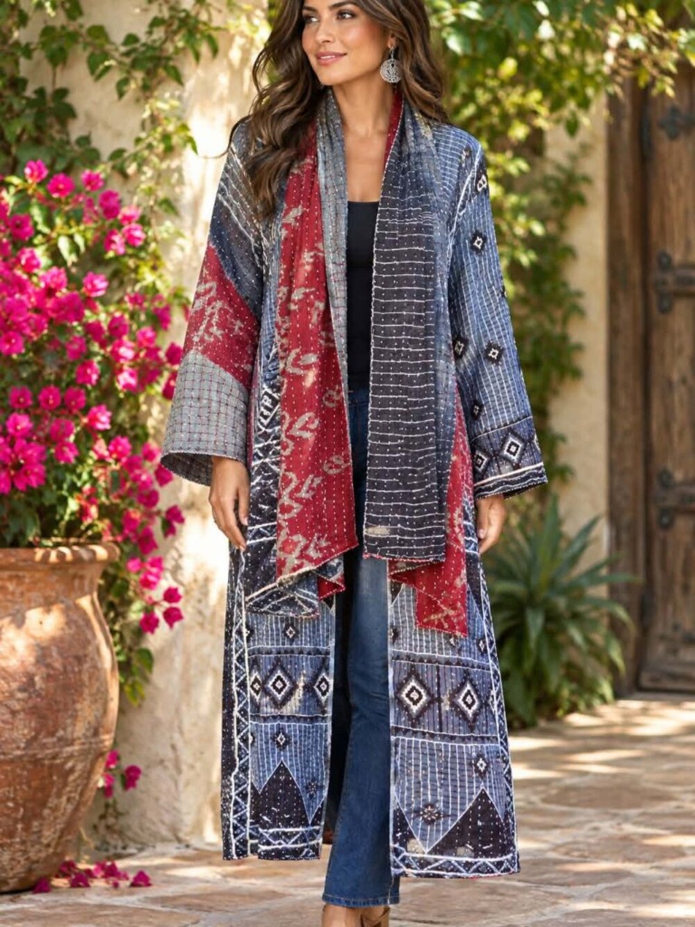 Women Handmade One Of A Kind Blue Kantha Duster Open Front Kimono & Scarf!